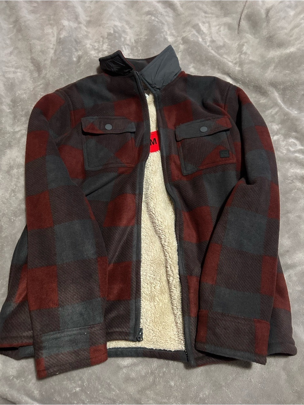 Men's Buffalo Plaid Sherpa-Lined Shirt Jacket - Red & Gray